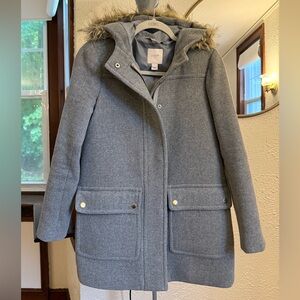 J. Crew Heather Gray Coat with Faux Fur Hood